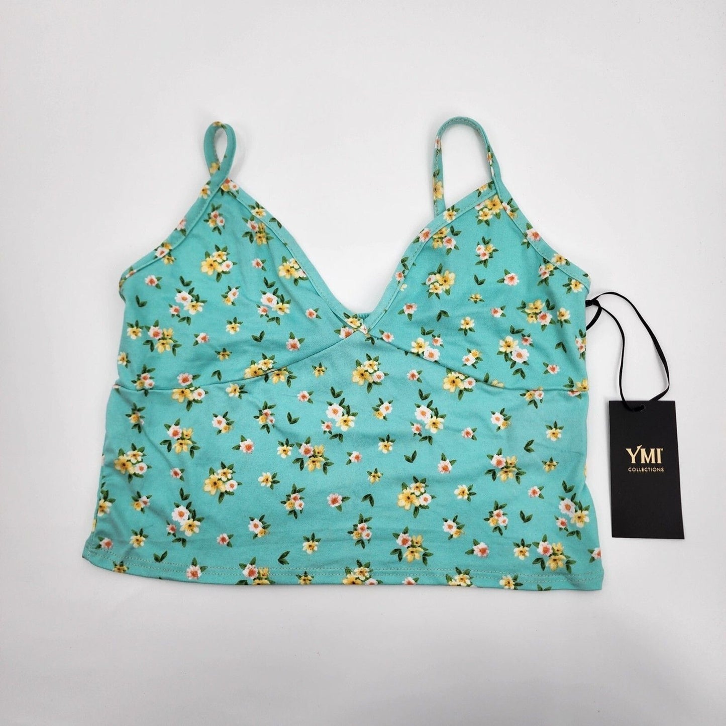 Ymi Collections Green Yellow Floral Cropped Tank Top Boho Retro Large