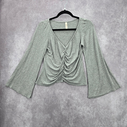 Peppermint Gray Ruched Flare Wide Long Sleeve Y2K Cropped Top Small