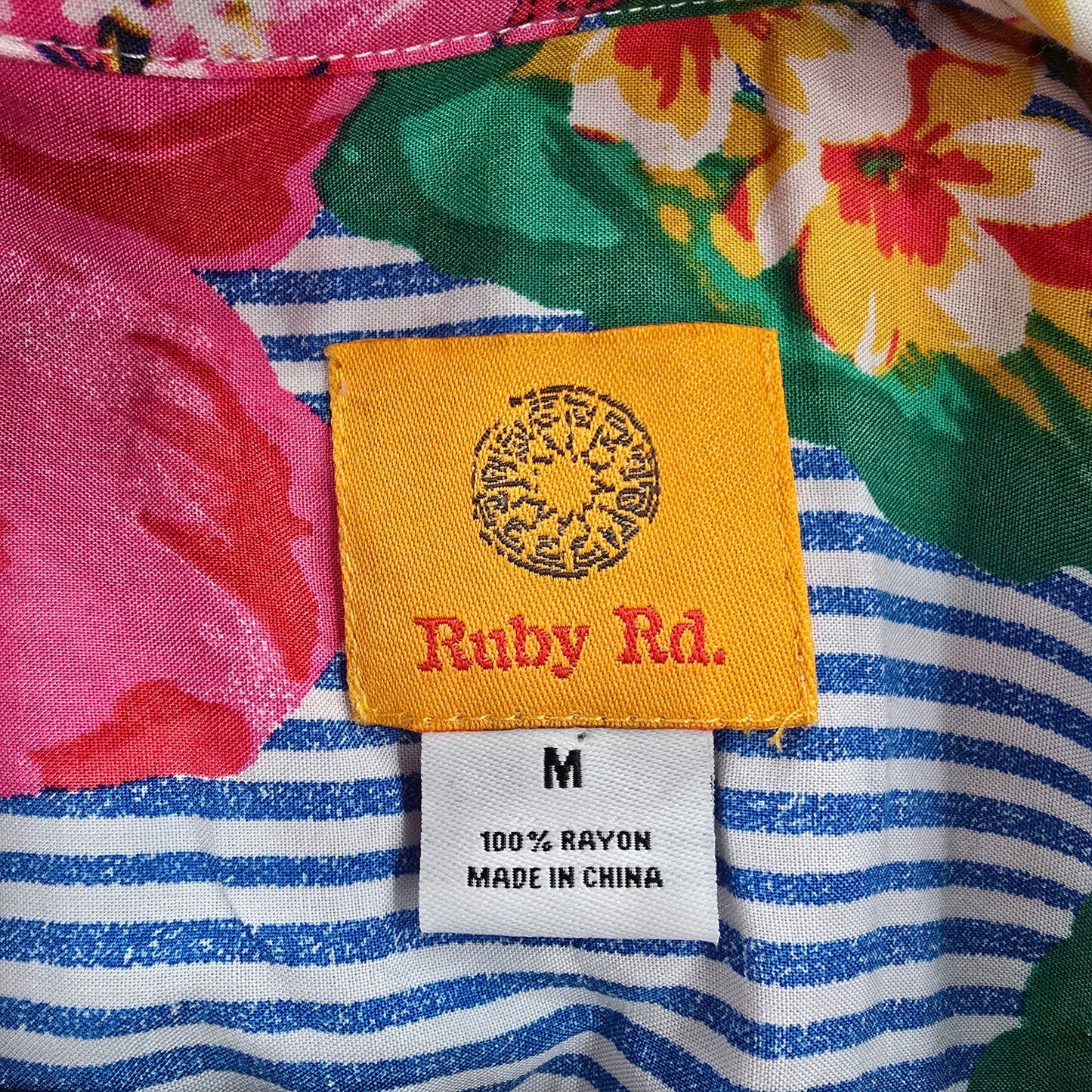 Ruby Rd Blue Stripe Floral Button Up Shirt Top Medium