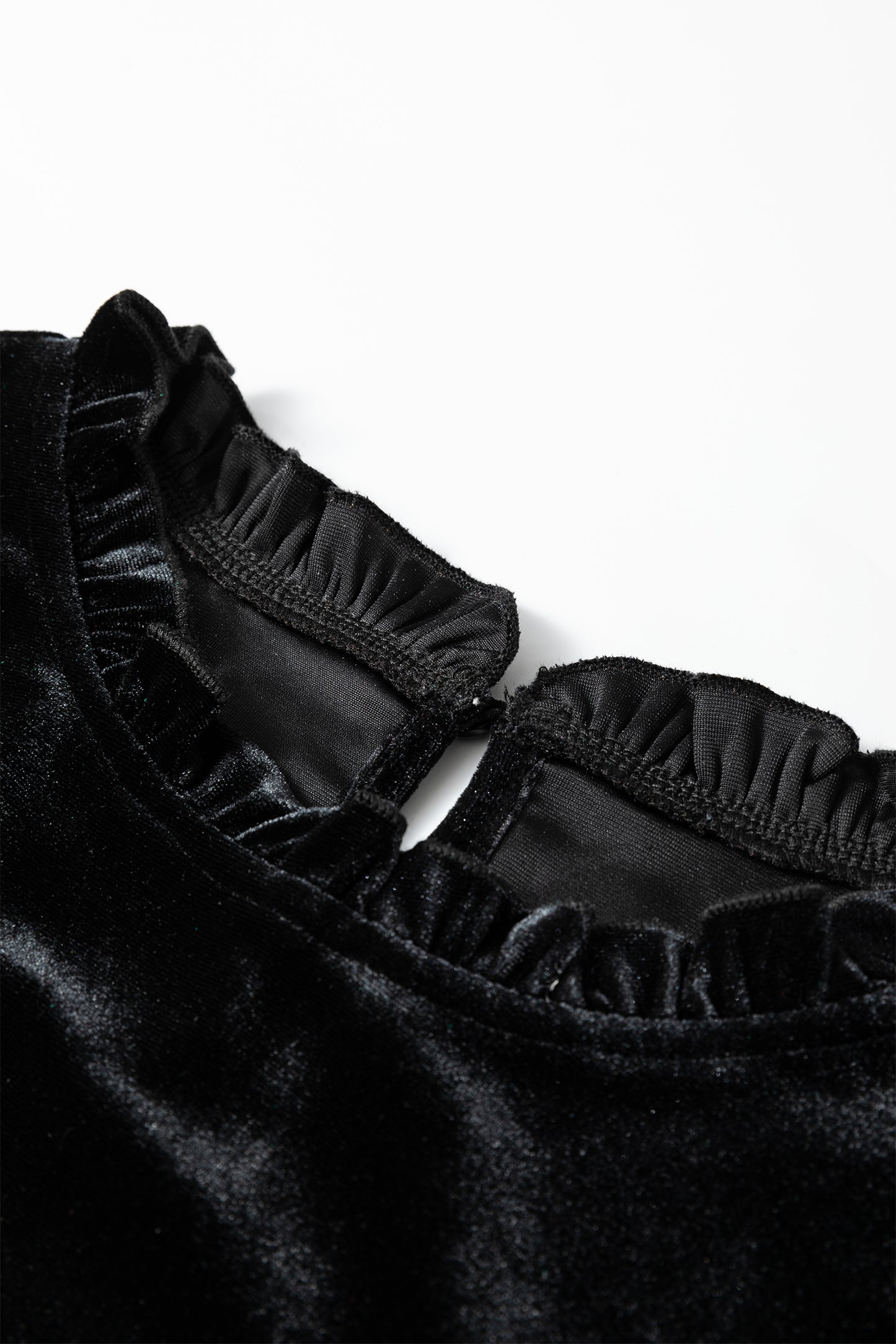 Black Frilled Collared Smocked Cuffs Puff Sleeve Velvet Blouse