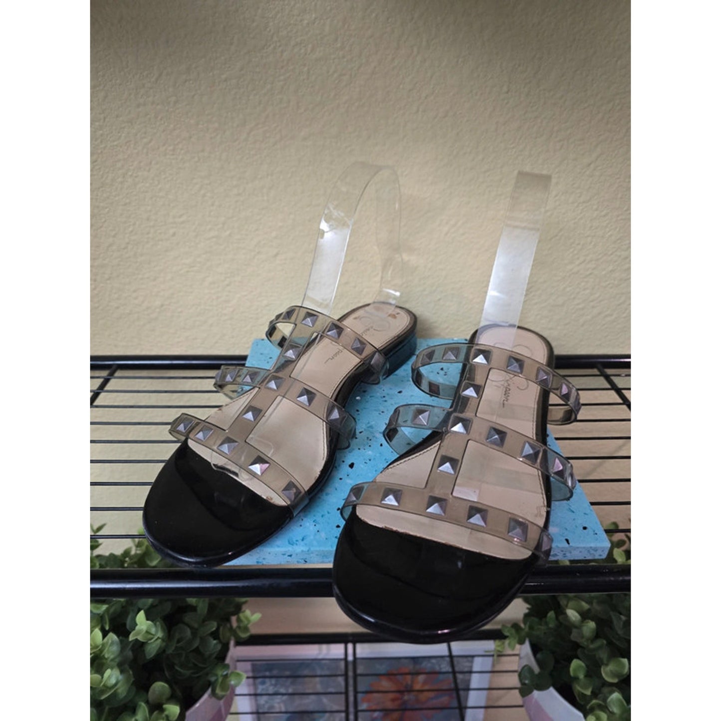 Jessica Simpson Black Studded Flat Slip Slide Sandals Size 8