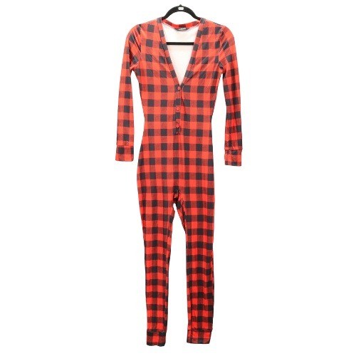 Chicme Red Buffalo Checker Reindeer Merry Christmas Adult Jumpsuit Pajamas Small