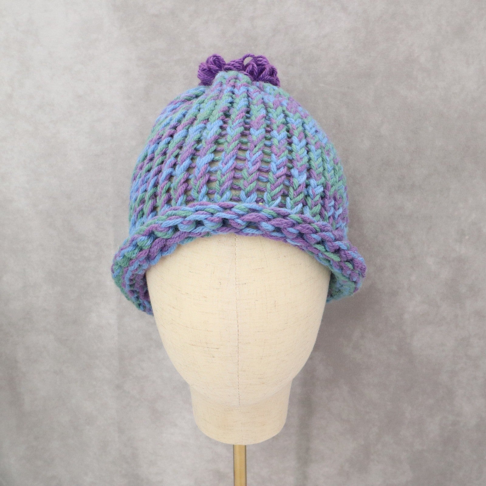 Blue Crochet Pom Pom Cable Knit Chunky Vintage Y2K Cottage Beanie Cap Hat OS