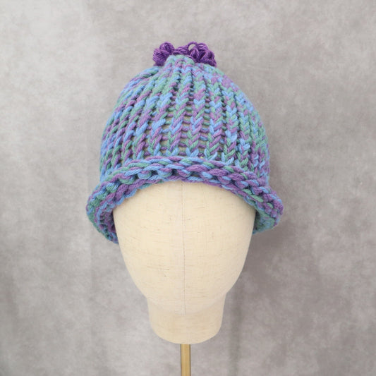 Blue Crochet Pom Pom Cable Knit Chunky Vintage Y2K Cottage Beanie Cap Hat OS