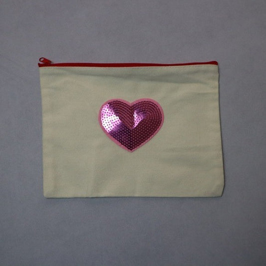 Pink Sequin Heart Patch Red Zipper Canvas Pencil Makeup Handmade Pouch Bag