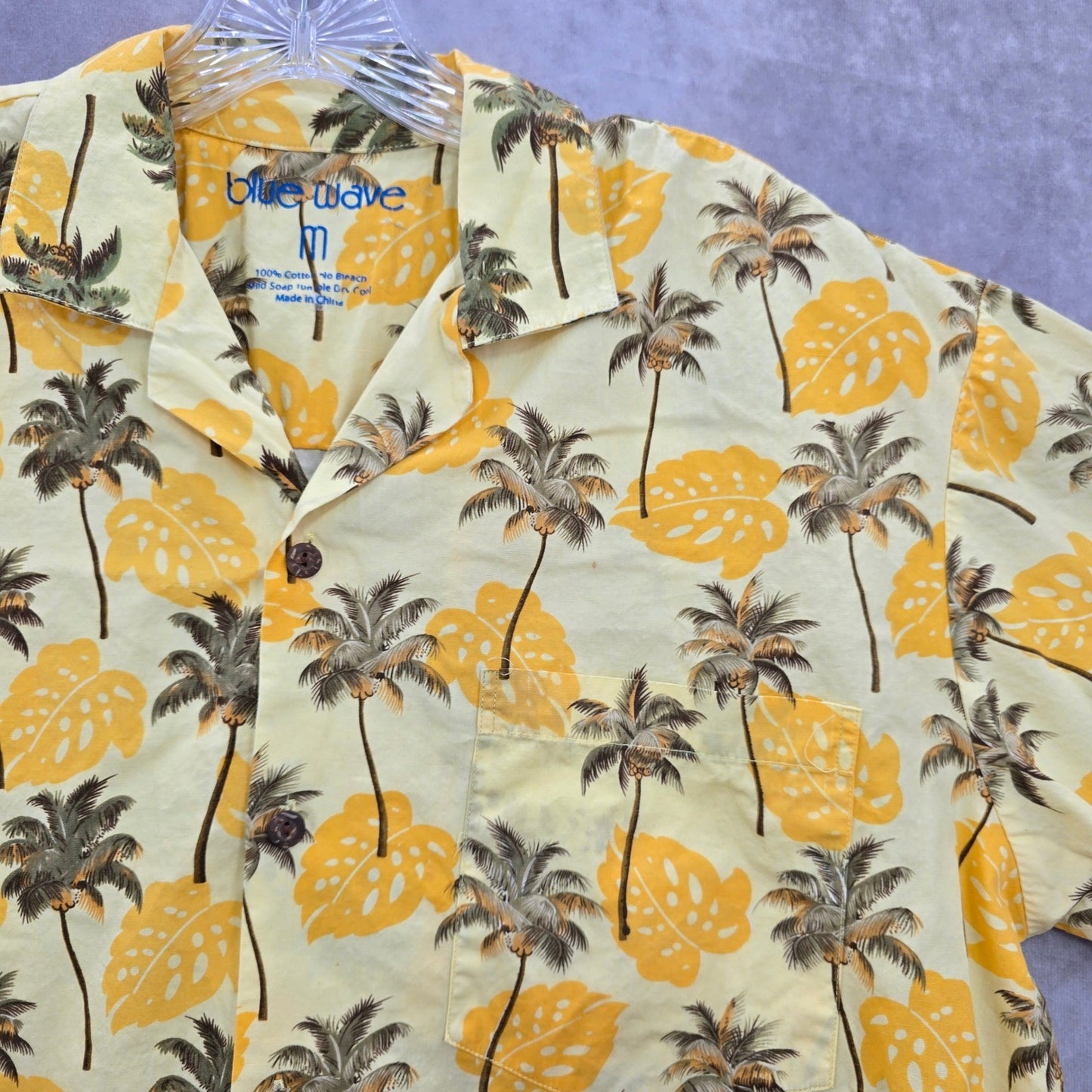 Blue Wave Yellow Palm Tropical Surf Island Vintage Cotton Relax Hawaiian Shirt M