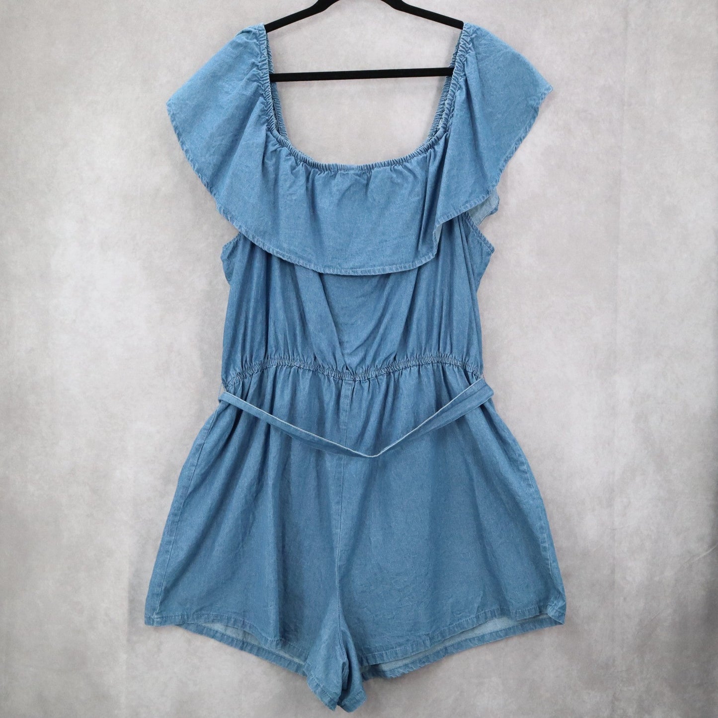 Derek Heart Blue Denim Cotton Ruffle Belt Shorts Stretch Romper Jumpsuit Plus 2X
