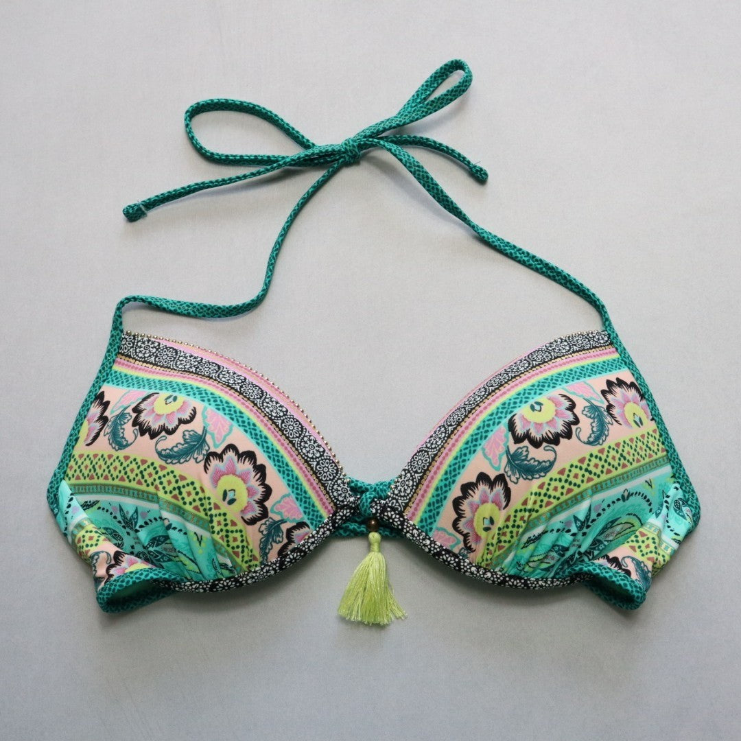 Green Floral Padded Tie Gold Bead Tassel Swim Sports Bra Bralette Bikini Top 34C