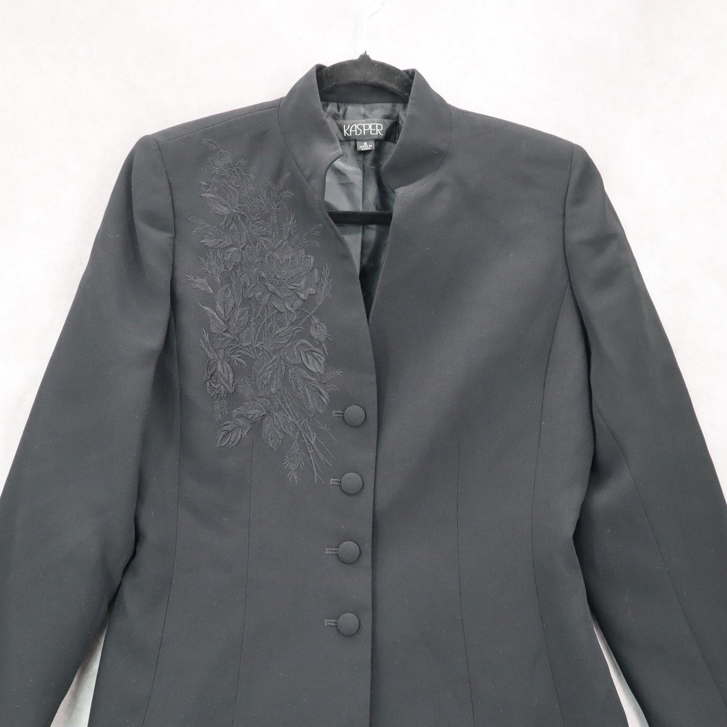 Kasper Black Embroidered Floral Mandarin Blazers Jackets Coats Business Formal 6