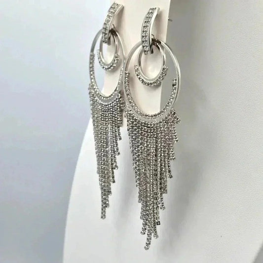Rhinestone Silver Circle Fringe Dangle Long Earrings Fashion Jewelry Medium E38
