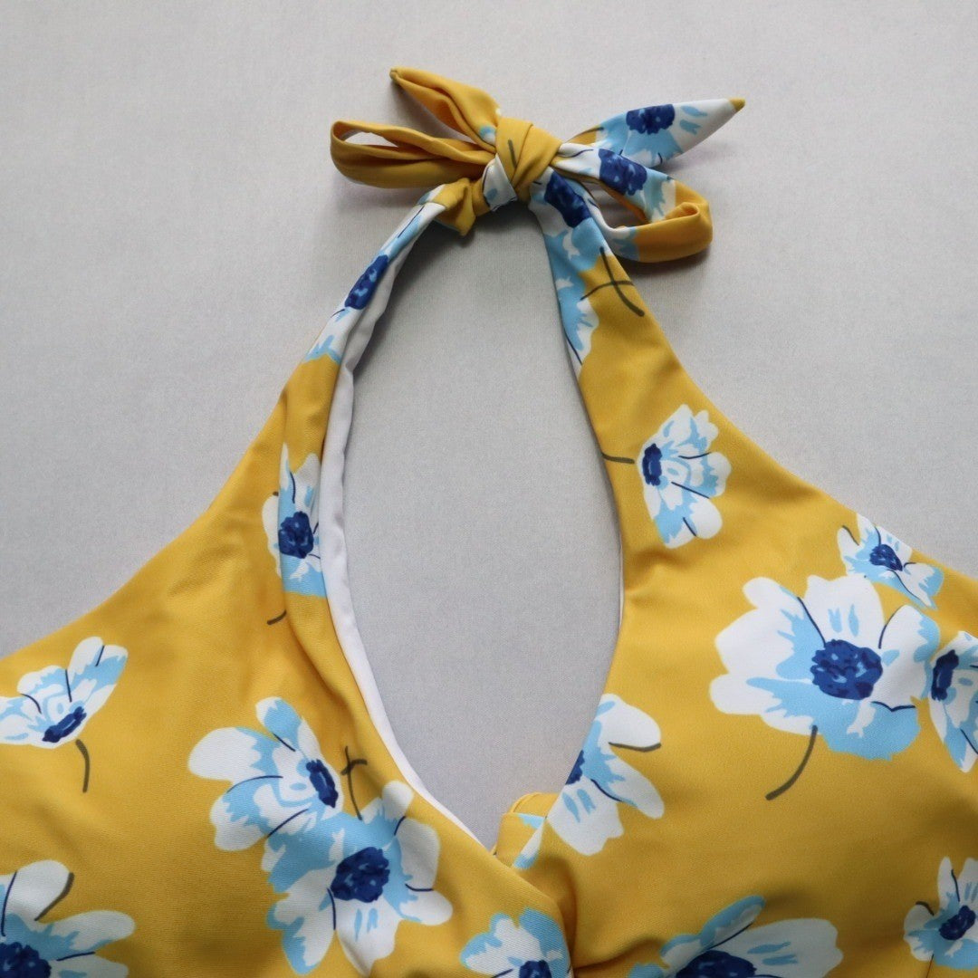 Yellow Floral Padded Halter Tie Knot Boho Swim Sports Bra Bikini Top L Large