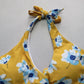 Yellow Floral Padded Halter Tie Knot Boho Swim Sports Bra Bikini Top L Large