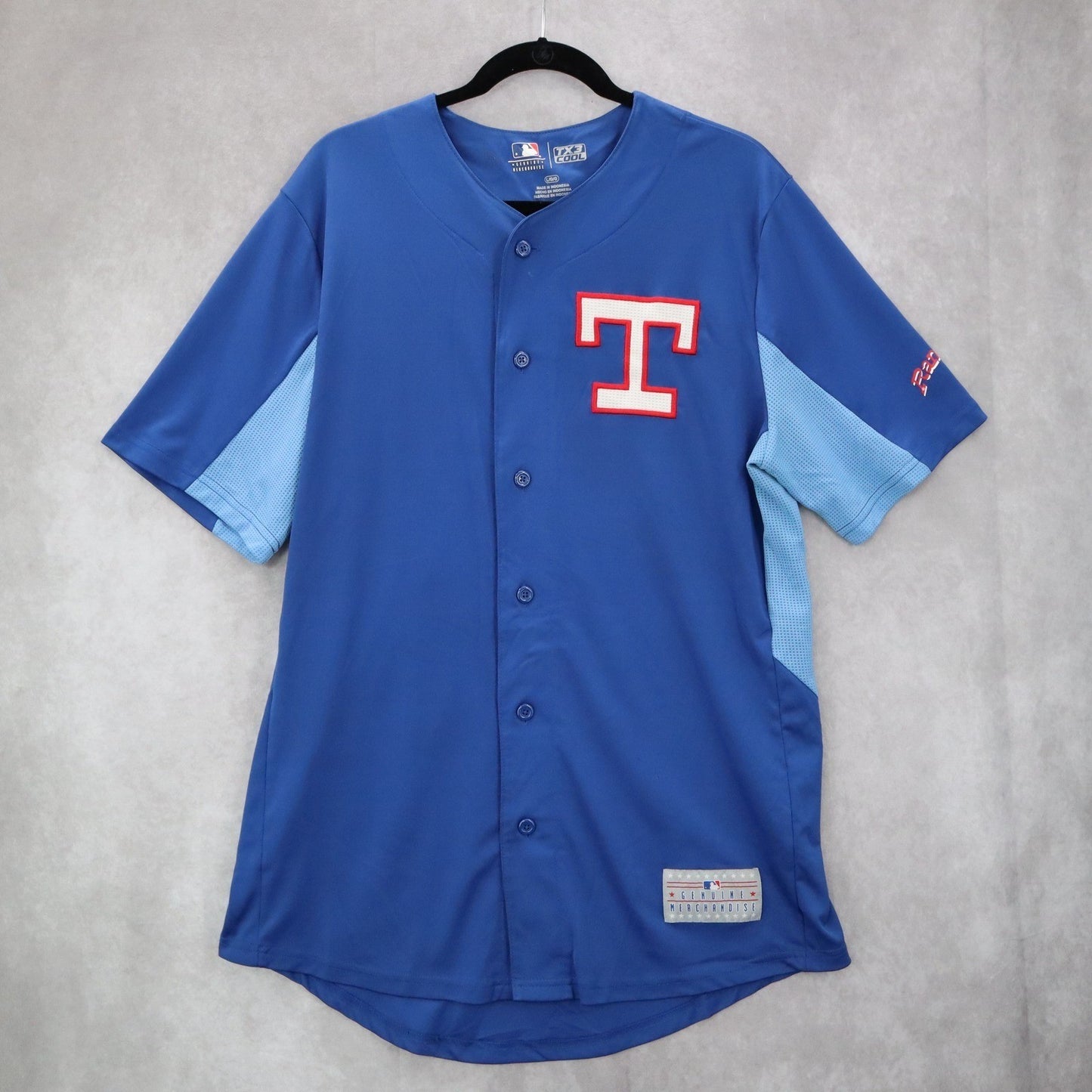 TX3 Cool Blue Mens Baseball Fan Texas Rangers Button Jersey Merchandise Large