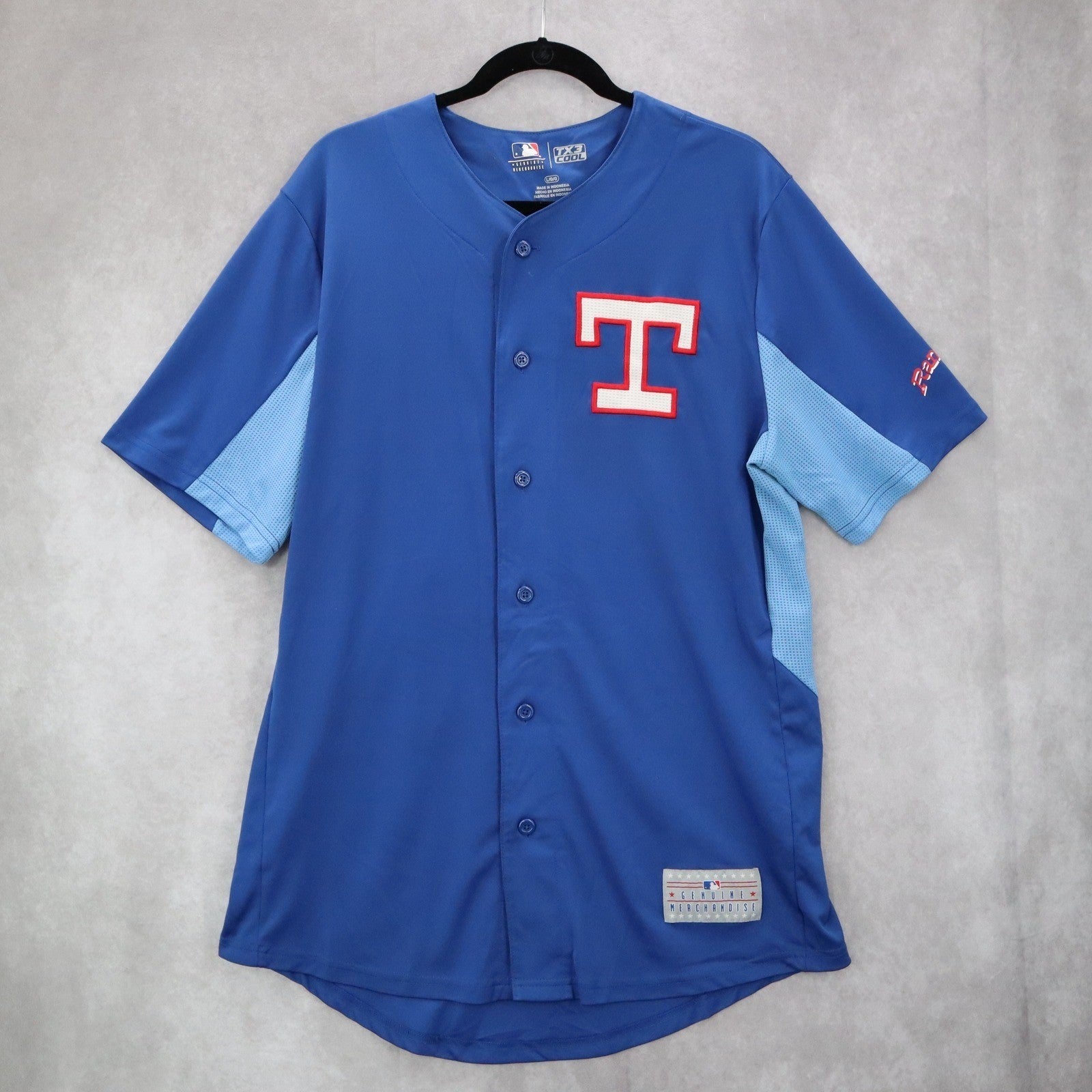 TX3 Cool Blue Mens Baseball Fan Texas Rangers Button Jersey Merchandise Large