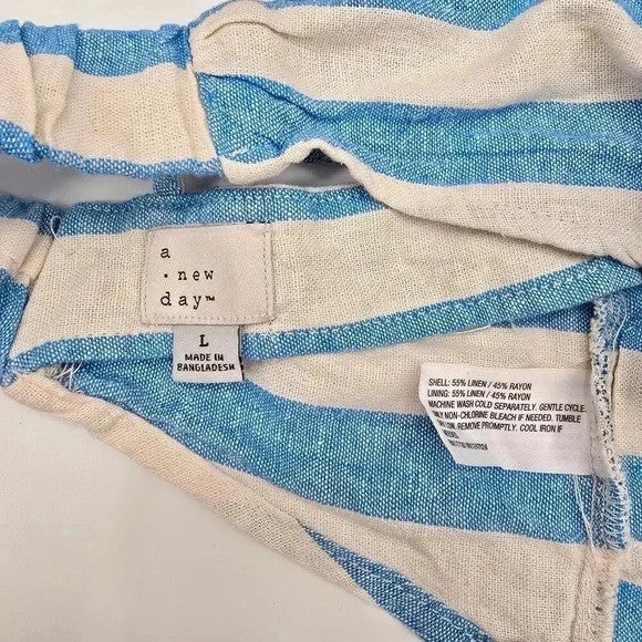 A New Day Blue & White Linen Bungalow Beach Bikini Top Cropped Bra Tank L Large