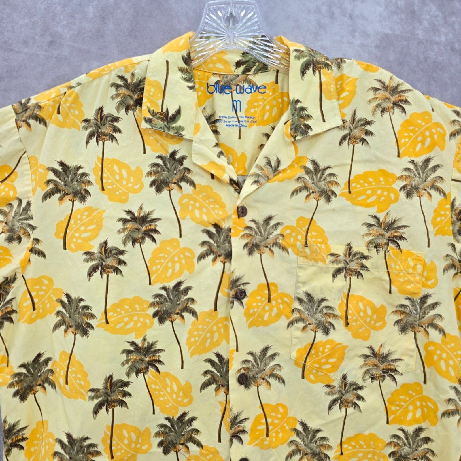 Blue Wave Yellow Palm Tropical Surf Island Vintage Cotton Relax Hawaiian Shirt M