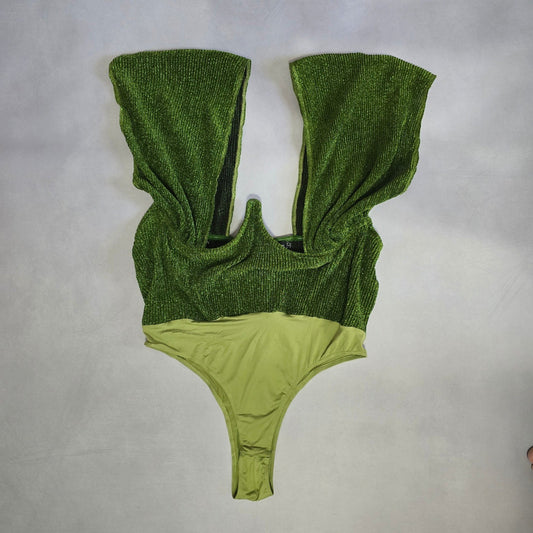 Pretty Little Thing Green Sparkle Plunge V Neck One Piece Bodysuit Top Plus 18