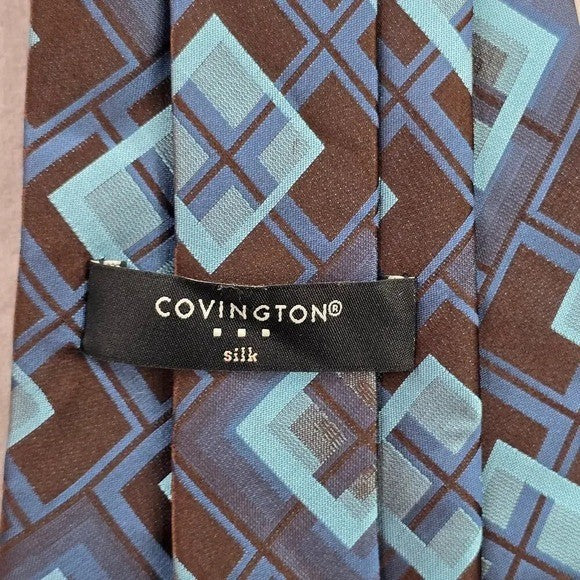 Covington Blue Brown Geometric Square Silk Executive Neck Tie Men's