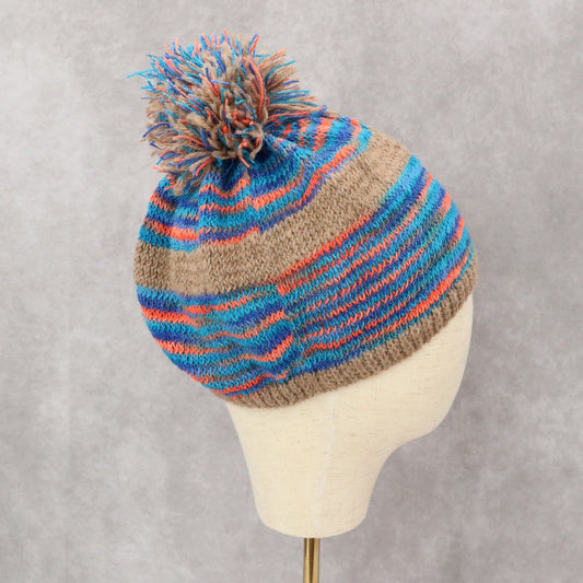 Brown Crochet Multi Color Cable Knit Pom Pom Y2K Vintage Beanie Cap Hat