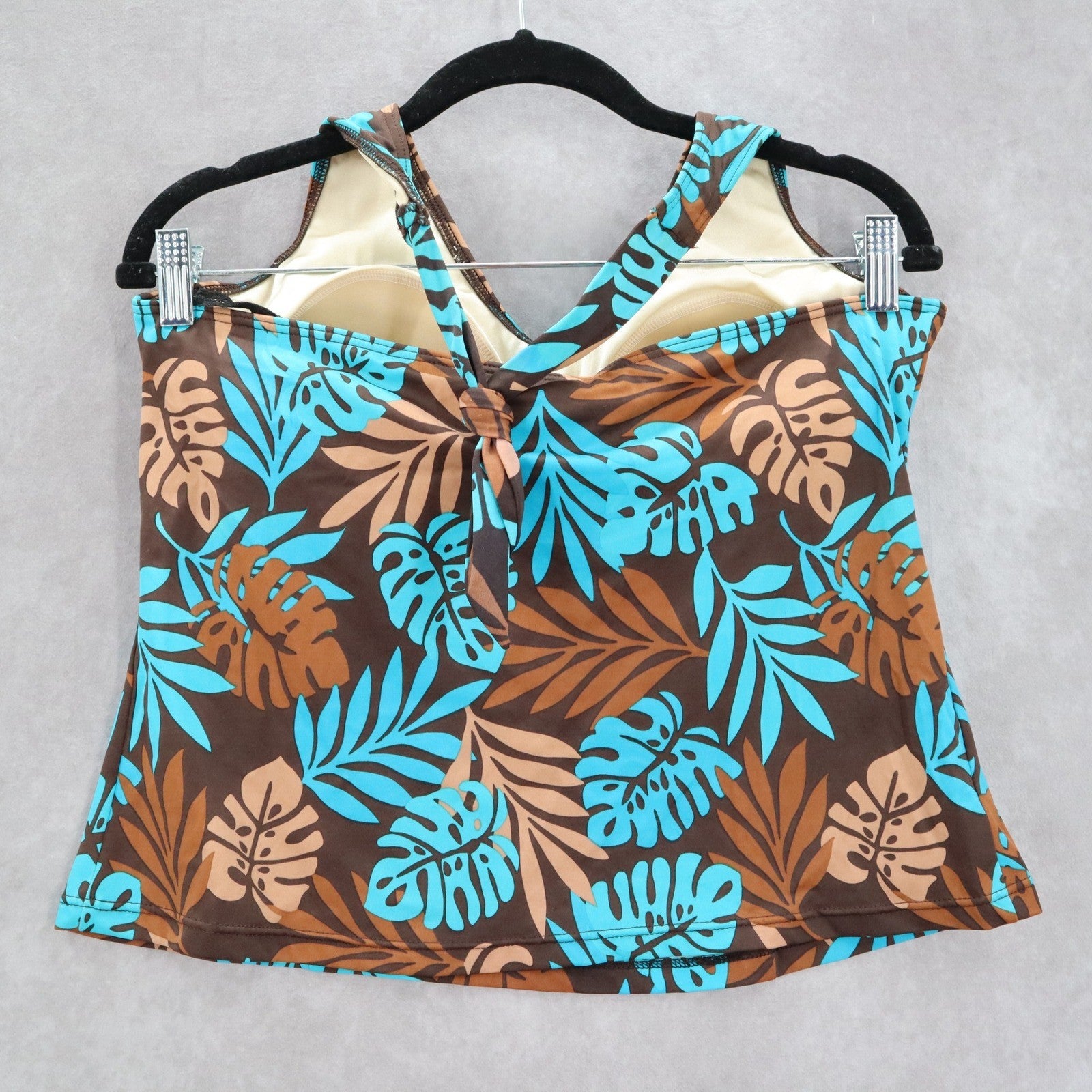 Brown Blue Tropical Leaf Halter Tie Padded Swim Beach Tankini Top L Large