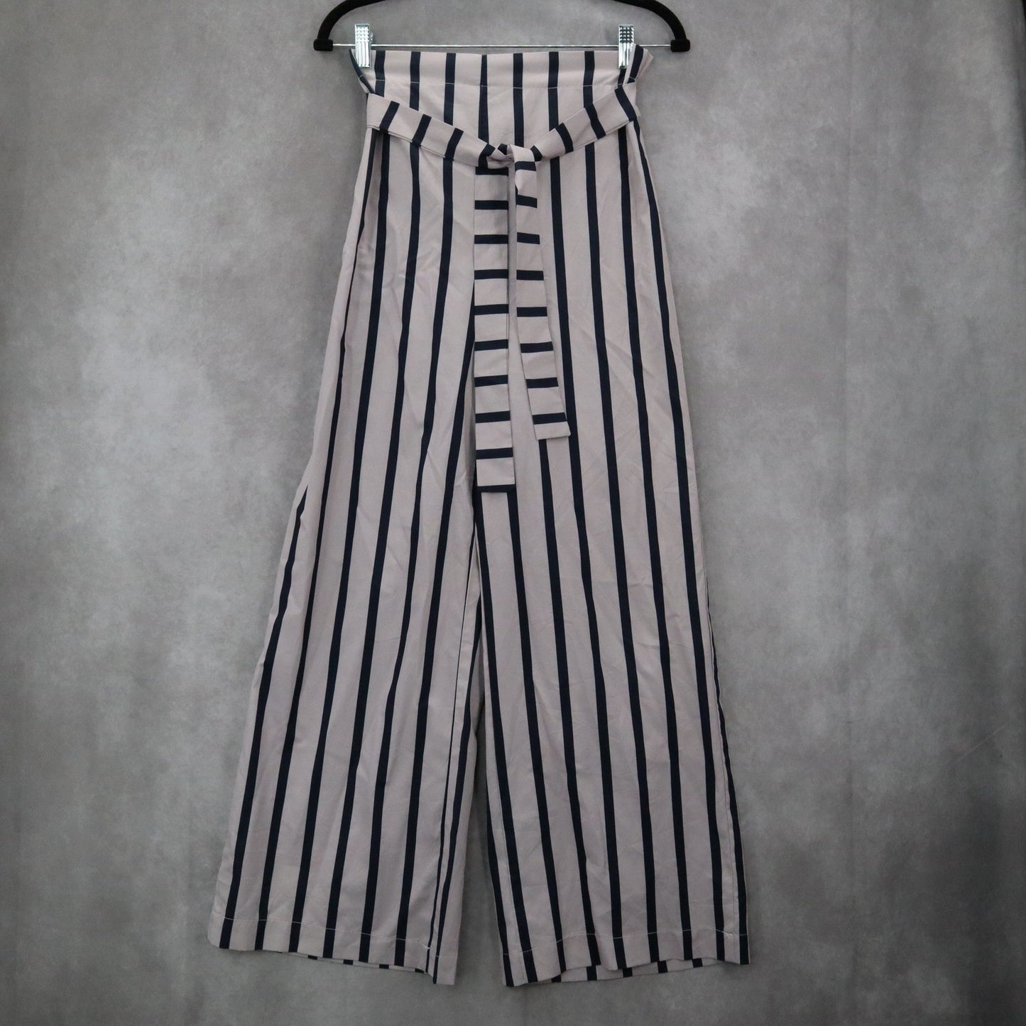 Blue Stripe Belted Wide Leg Boho Pull On Straight Leg Trousers Pant S Small