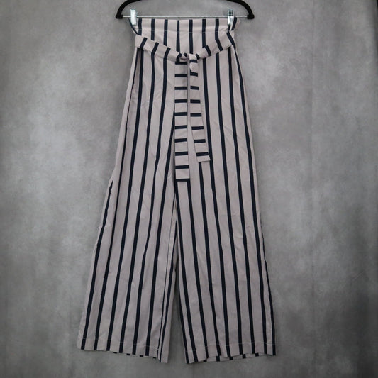 Blue Stripe Belted Wide Leg Boho Pull On Straight Leg Trousers Pant S Small