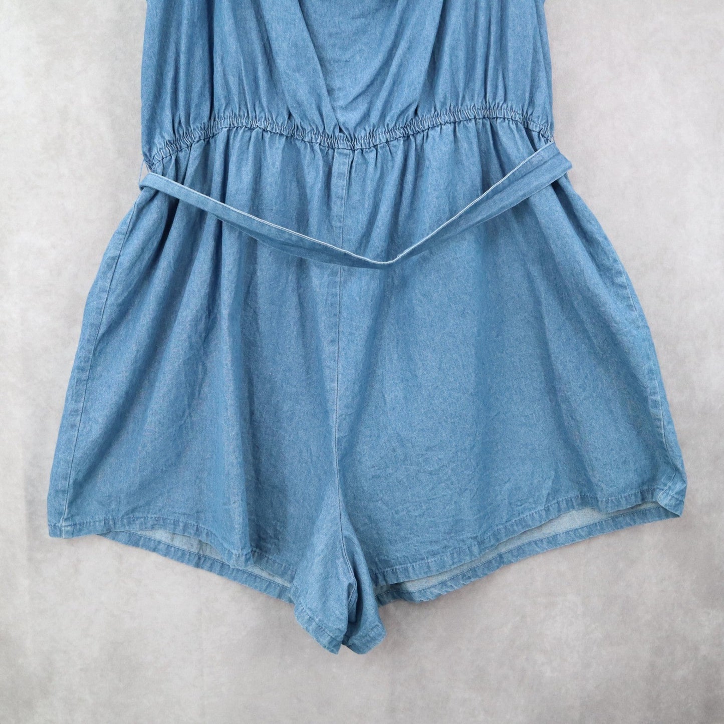 Derek Heart Blue Denim Cotton Ruffle Belt Shorts Stretch Romper Jumpsuit Plus 2X