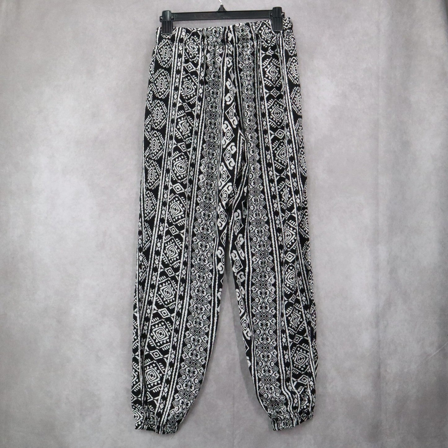 Ambiance Apparel Black White Harem Boho Geometric Print Tapered Pants L Large