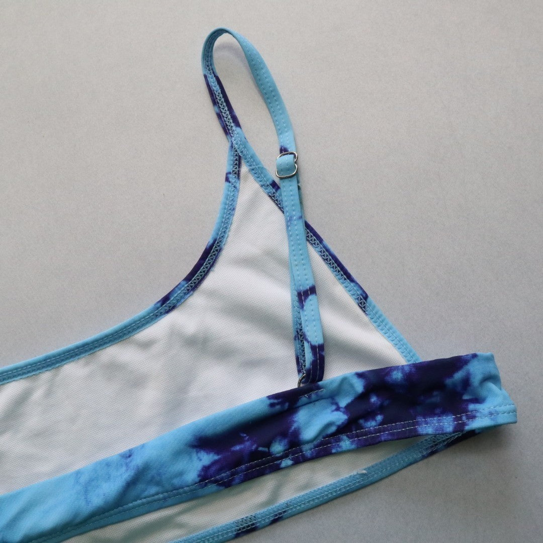 Blue Tie Dye Pull On Swim Sports Boho Bra Beach Bralette Bikini Top L Large