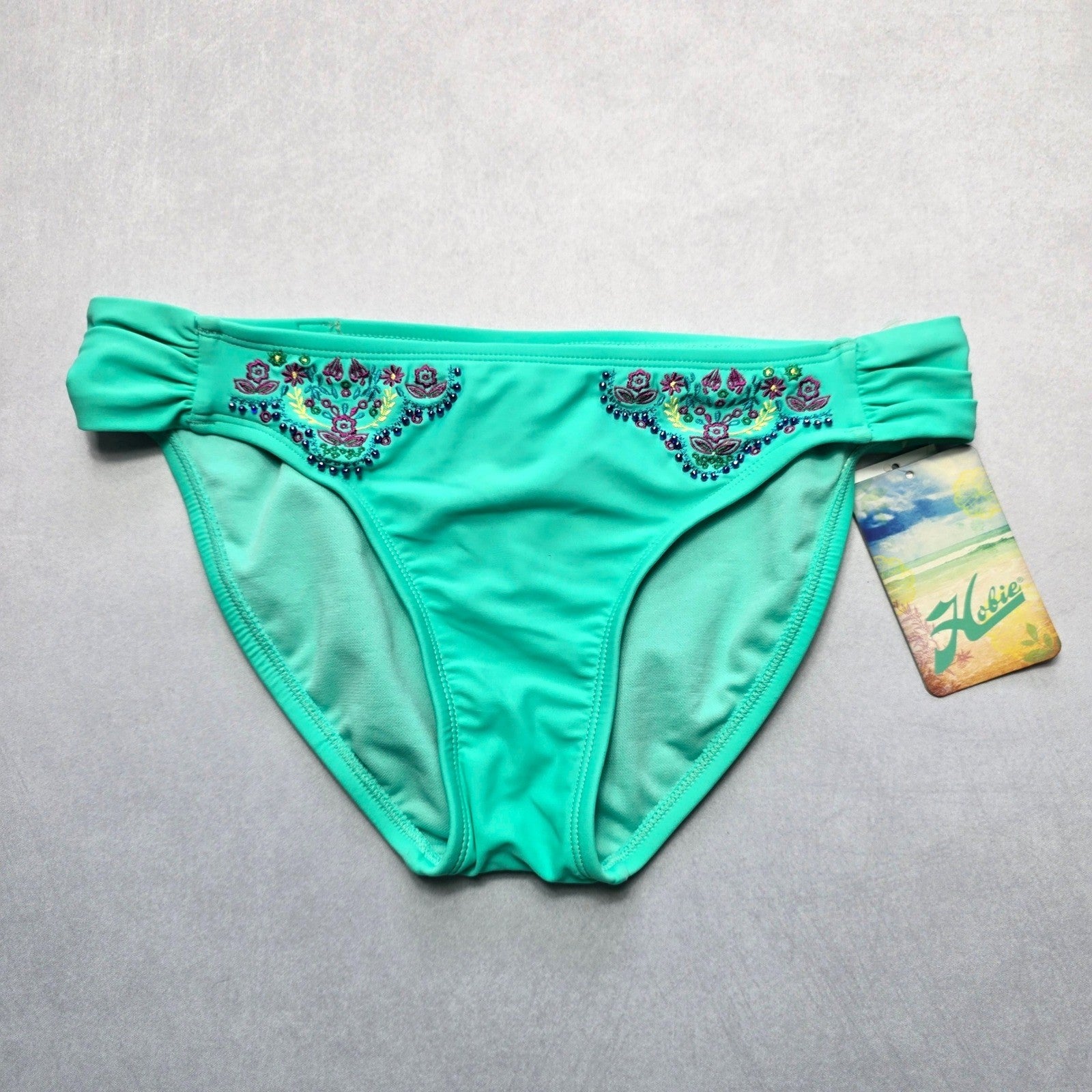 Hobie Green Bead Embroidered Floral Swim Beach Flirty Boho Bikini Bottom Large