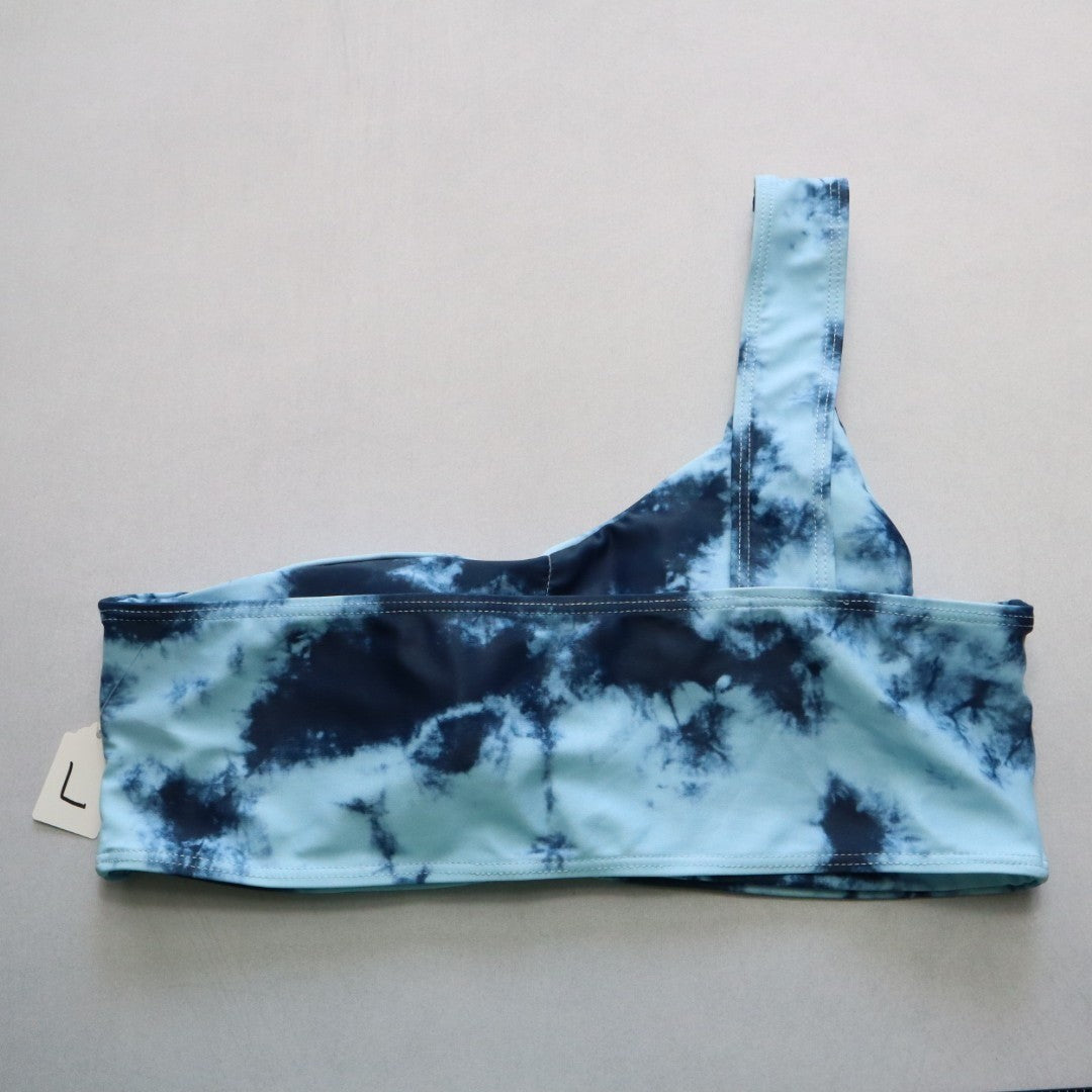 Blue Tie Dye One Shoulder Swim Sports Bra Hippie Bralette Bikini Top L Large