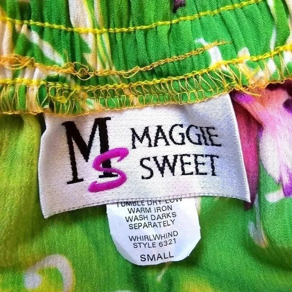 Maggie Sweet Yellow Green Floral Flare Flirty Pull On Vintage Skirt S Small
