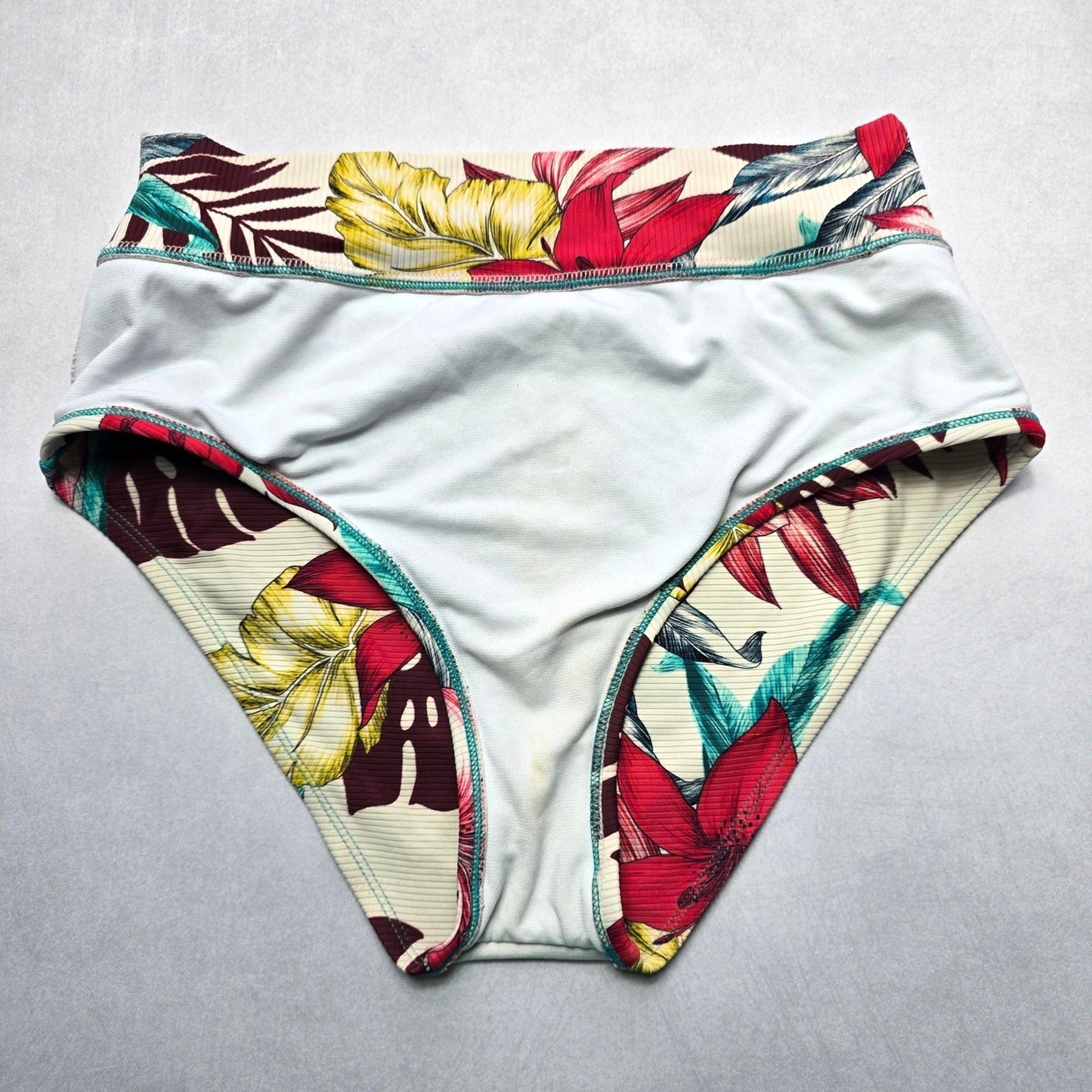 Kona Sol Brown Floral Ribbed Swim Beach Cheeky Flirty Boho Bikini Bottom Large