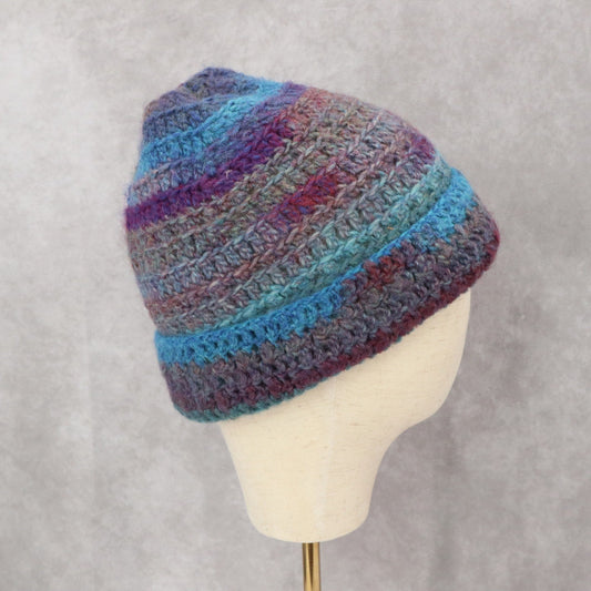Blue Multi Color Cable Knit Stripe Y2K Vintage Beanie Cap Hat OS