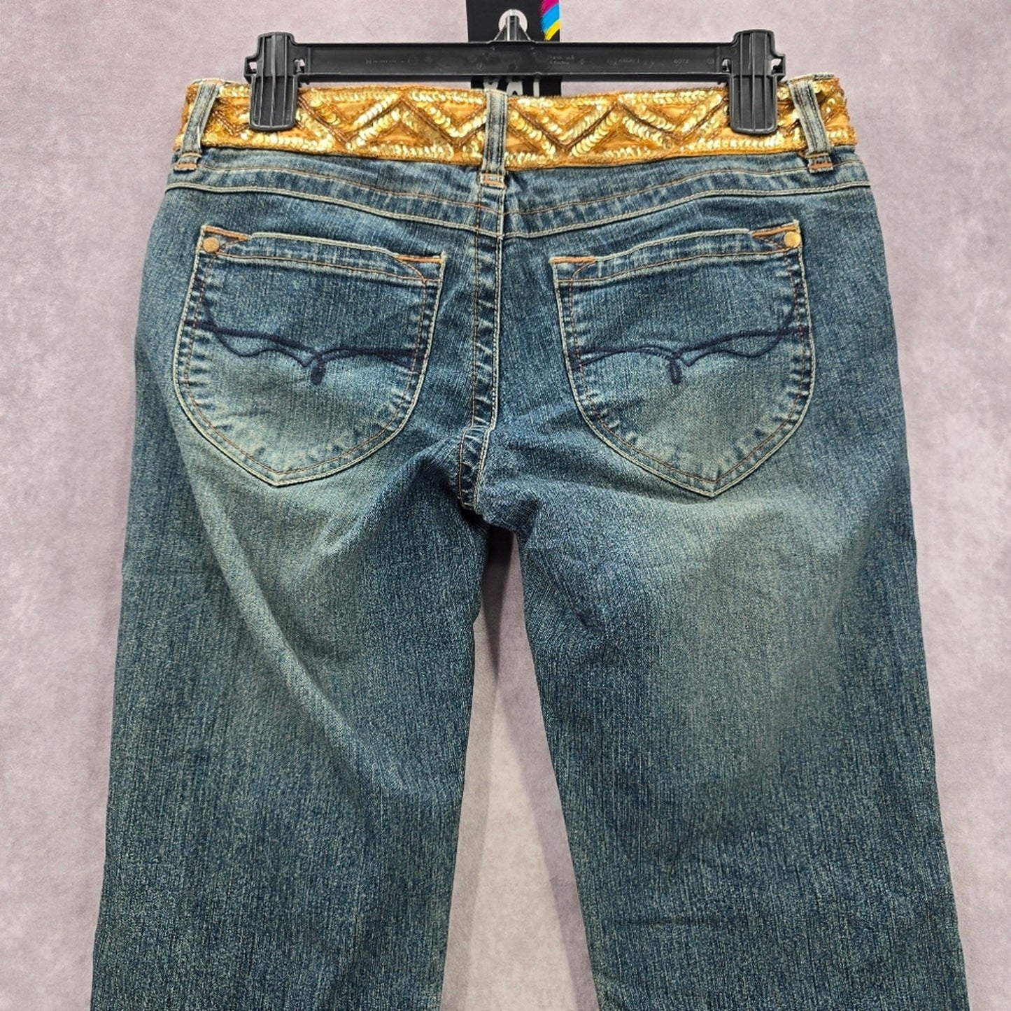 XOXO Blue Straight Bootcut Flare Gold Sequin Denim Jeans Pants 7/8
