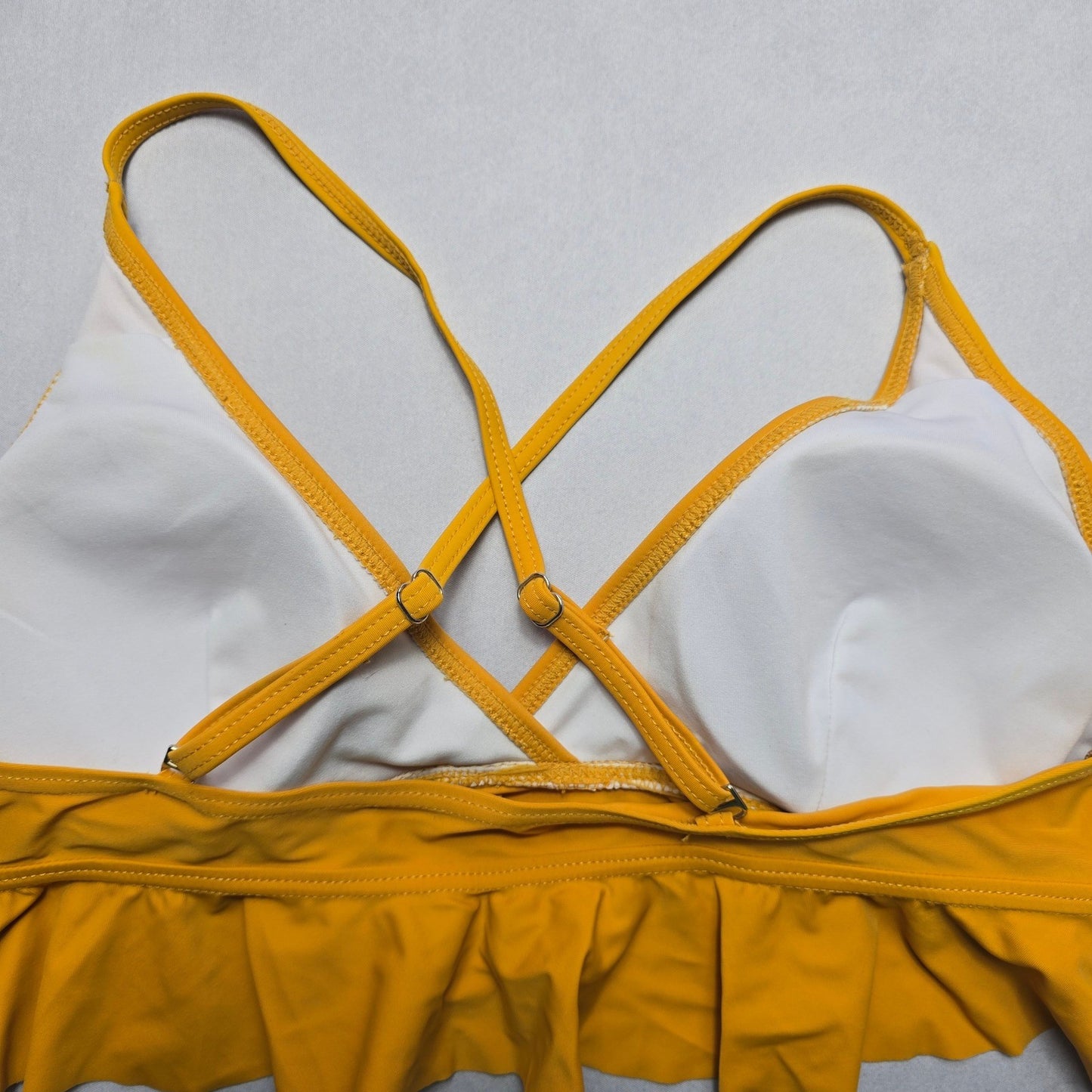 Yellow Ruffle Padded Pull On Crisscross Swim Sports Bra Beach Bikini Top L Large