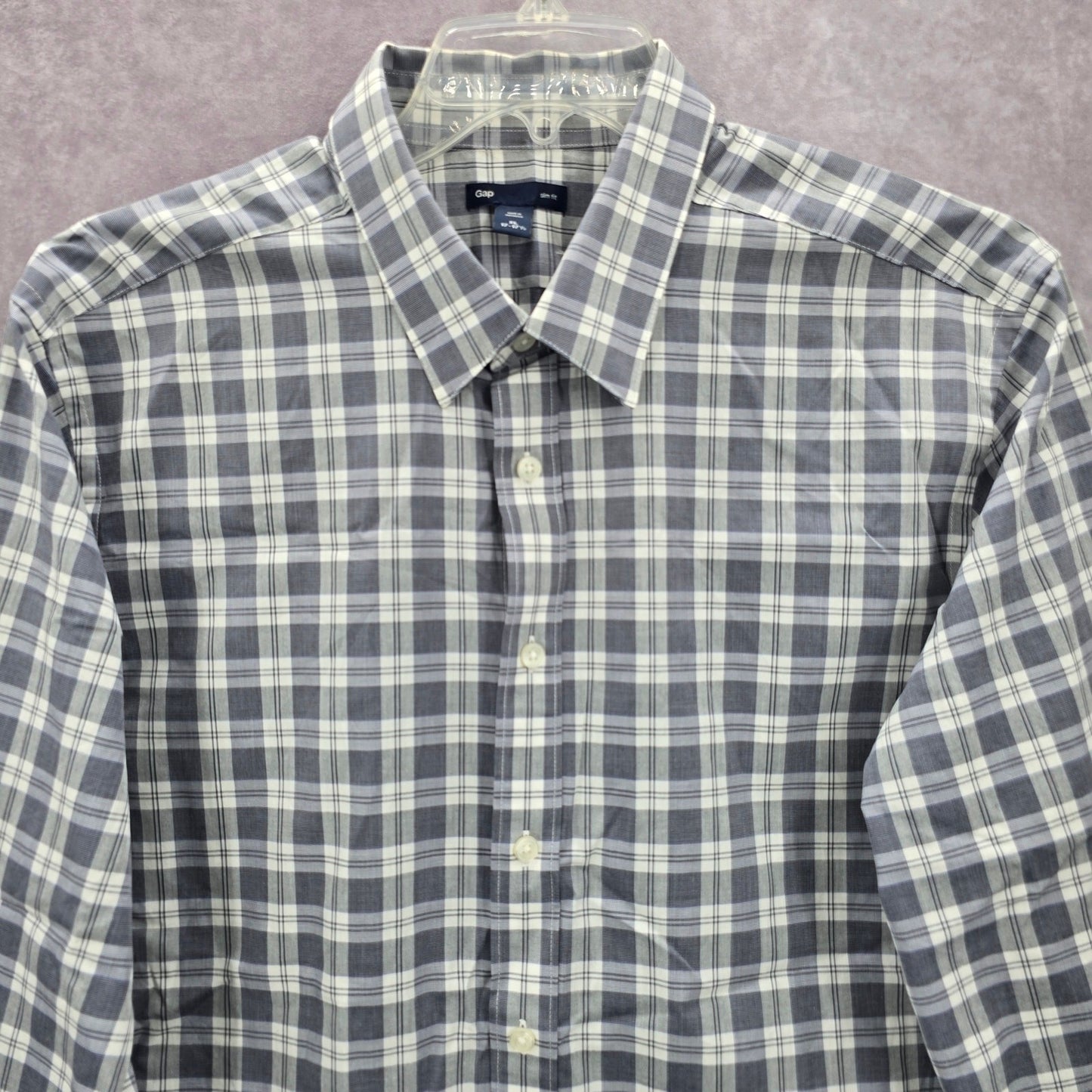 Gap Slim Fit Gray Plaid Long Sleeve Casual Work Mens Button Down Dress Shirt XL