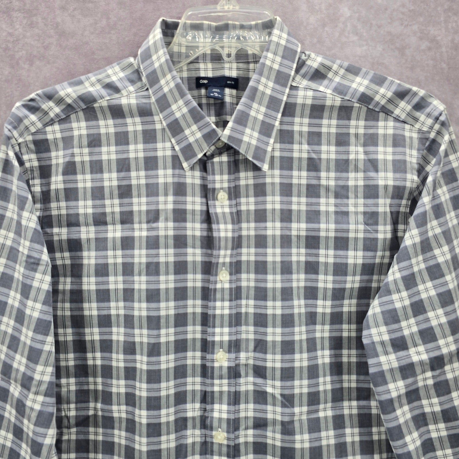 Gap Slim Fit Gray Plaid Long Sleeve Casual Work Mens Button Down Dress Shirt XL