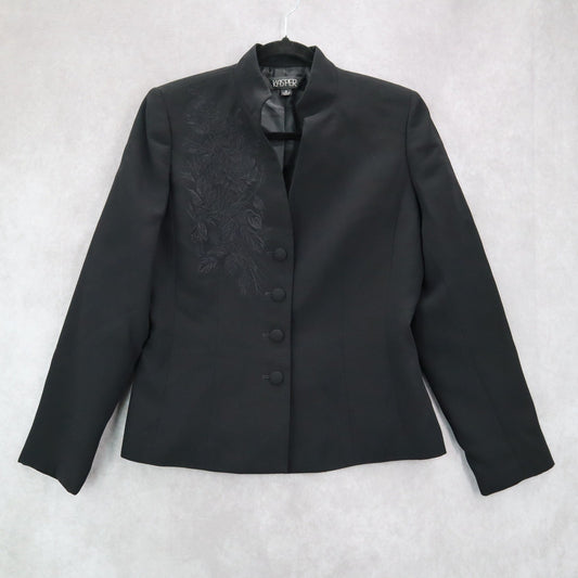Kasper Black Embroidered Floral Mandarin Blazers Jackets Coats Business Formal 6