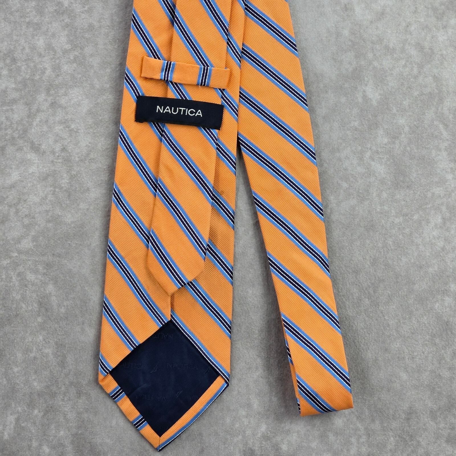 Nautica Orange Blue White Stripe Geometric Executive 100% Silk Mens Neck Tie