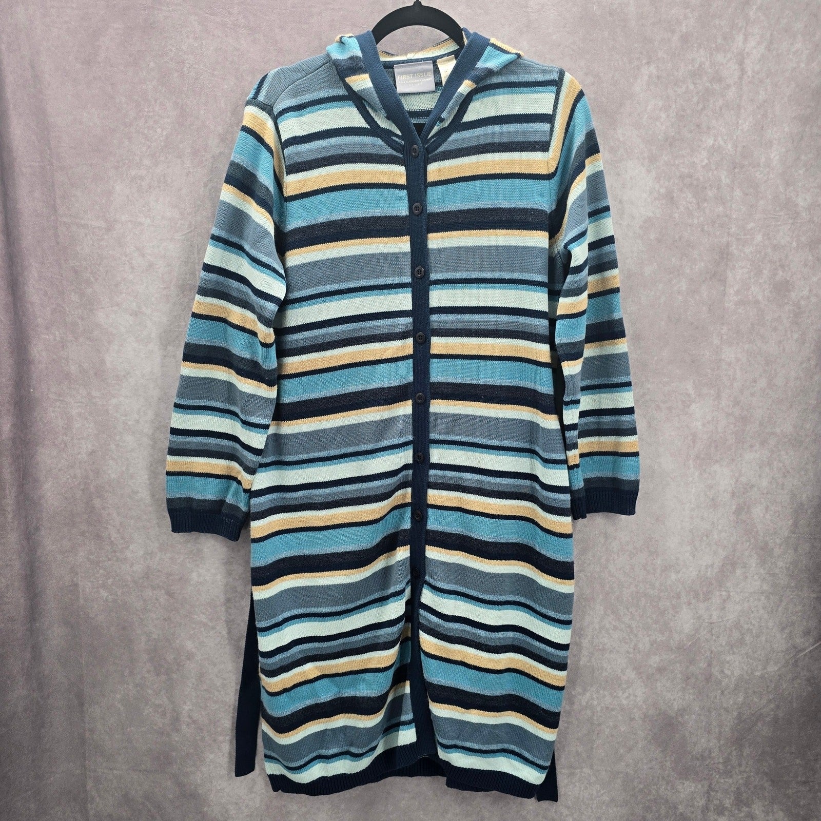 Liz Claiborne Blue Stripe Button Hoodie Knit Long Sweater Cardigan Small
