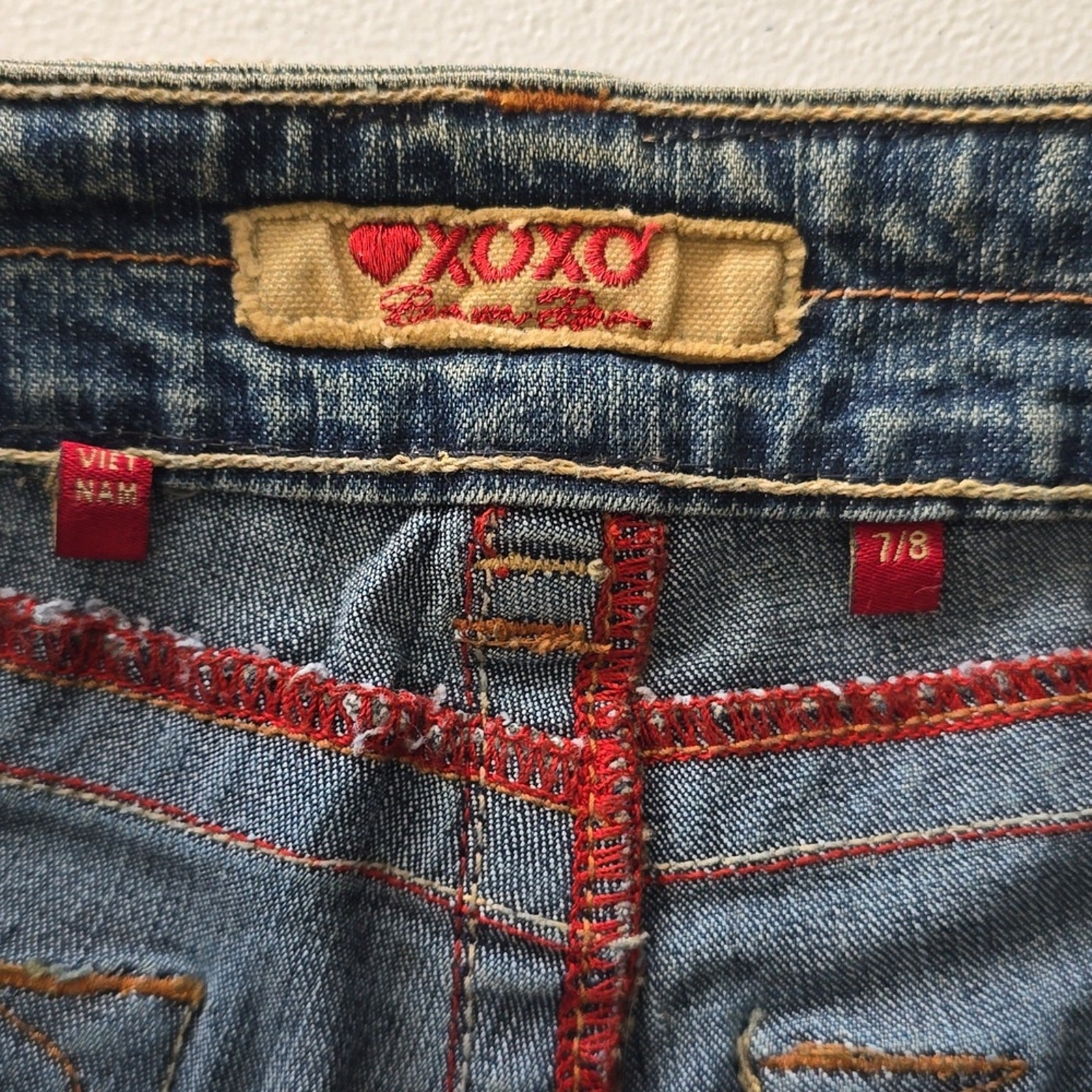 XOXO Blue Straight Bootcut Flare Gold Sequin Denim Jeans Pants 7/8