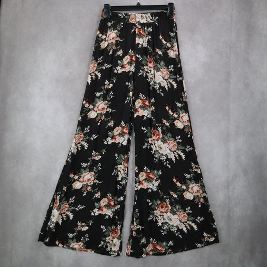 Copper Key Black Floral Wide Leg Pants Boho Palazzo High Waist Lounge VTG Small