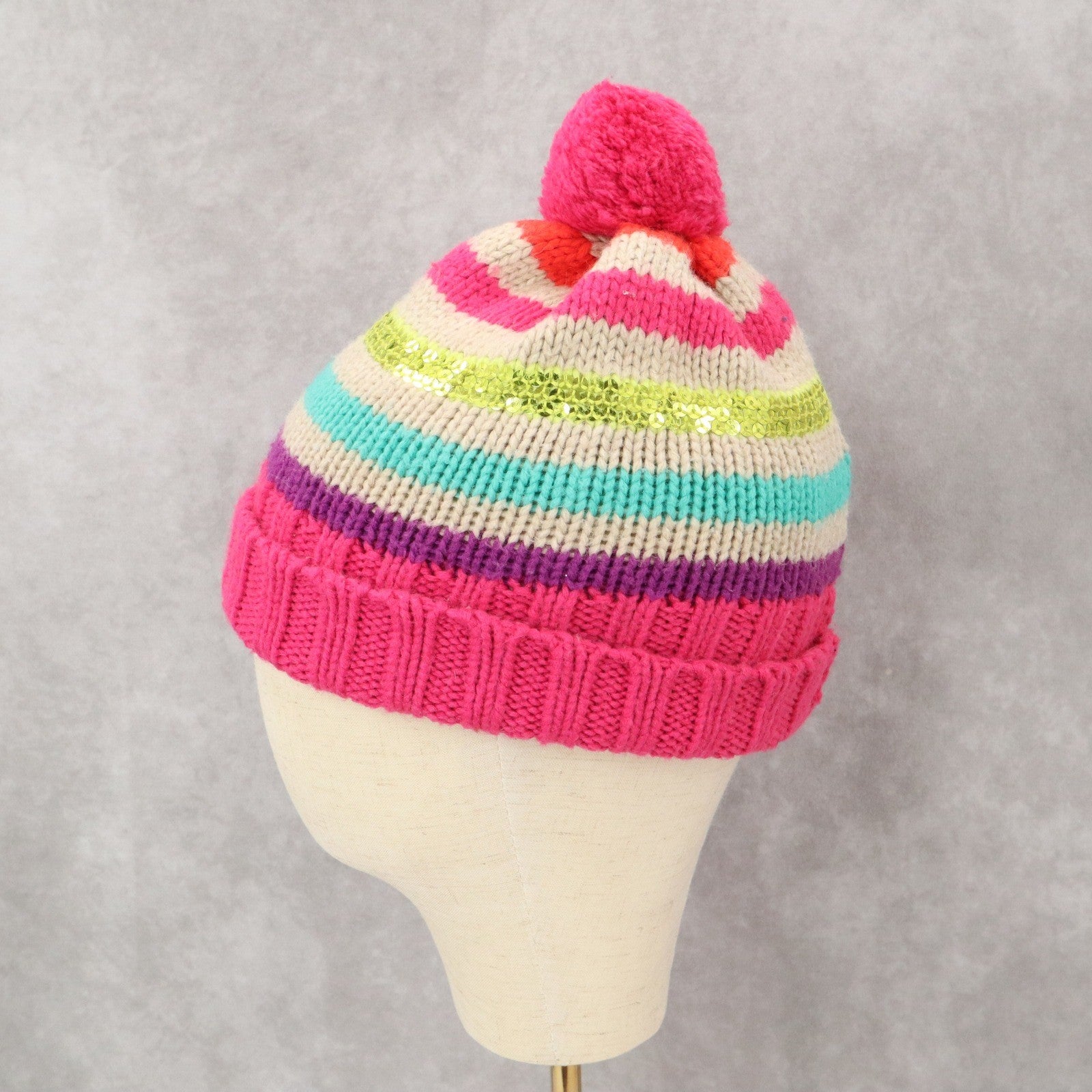 Gymboree Pink Cable Knit Sequin Stripe Y2K Girls Toddler Pom Pom Beanie Cap Hat