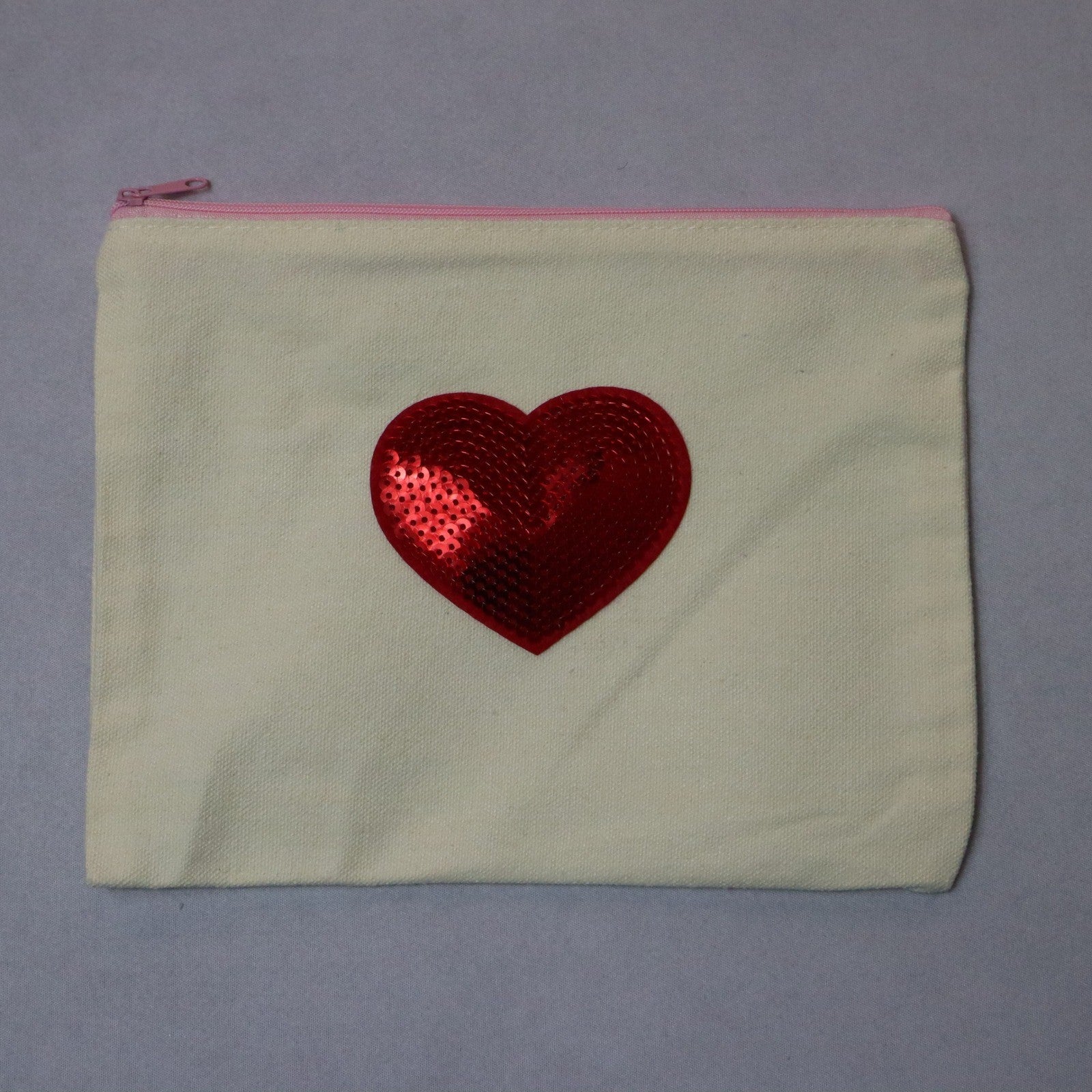 Red Sequin Pink Zipper Canvas Pouch Handmade Makeup Bag