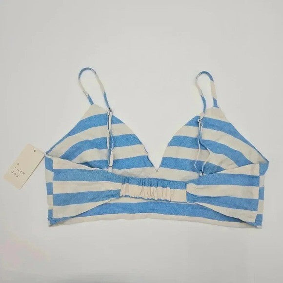 A New Day Blue & White Linen Bungalow Beach Bikini Top Cropped Bra Tank L Large