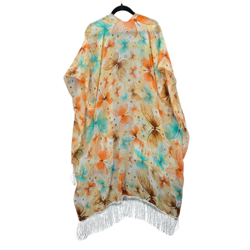 Orange Butterfly Long Open Fringe Boho Beach Swim Cover Up Duster Kimono OS