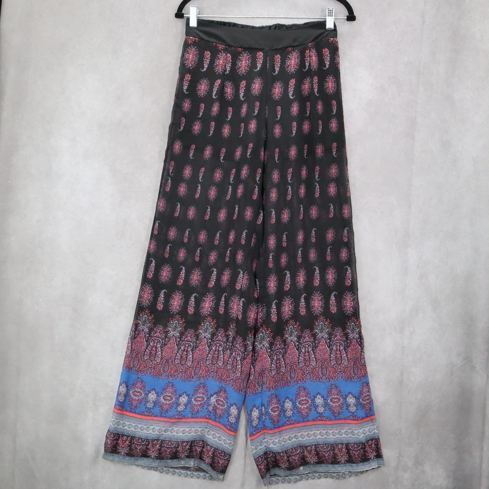 Twenty Six Black Floral Wide Leg Boho Pull On Comfy Trousers Pants M Medium