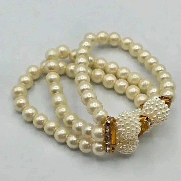 White Bead Pearl Gold Stretch Elastic Bracelet Fashion Jewelry