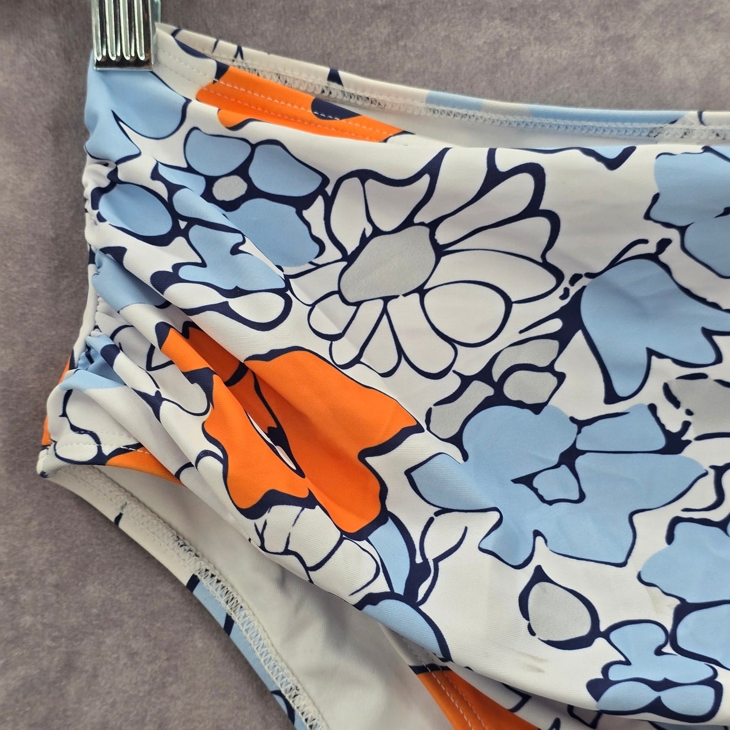 Blue White Floral Print Bikini Bottoms Swimsuit High Rise Swimwear Medium